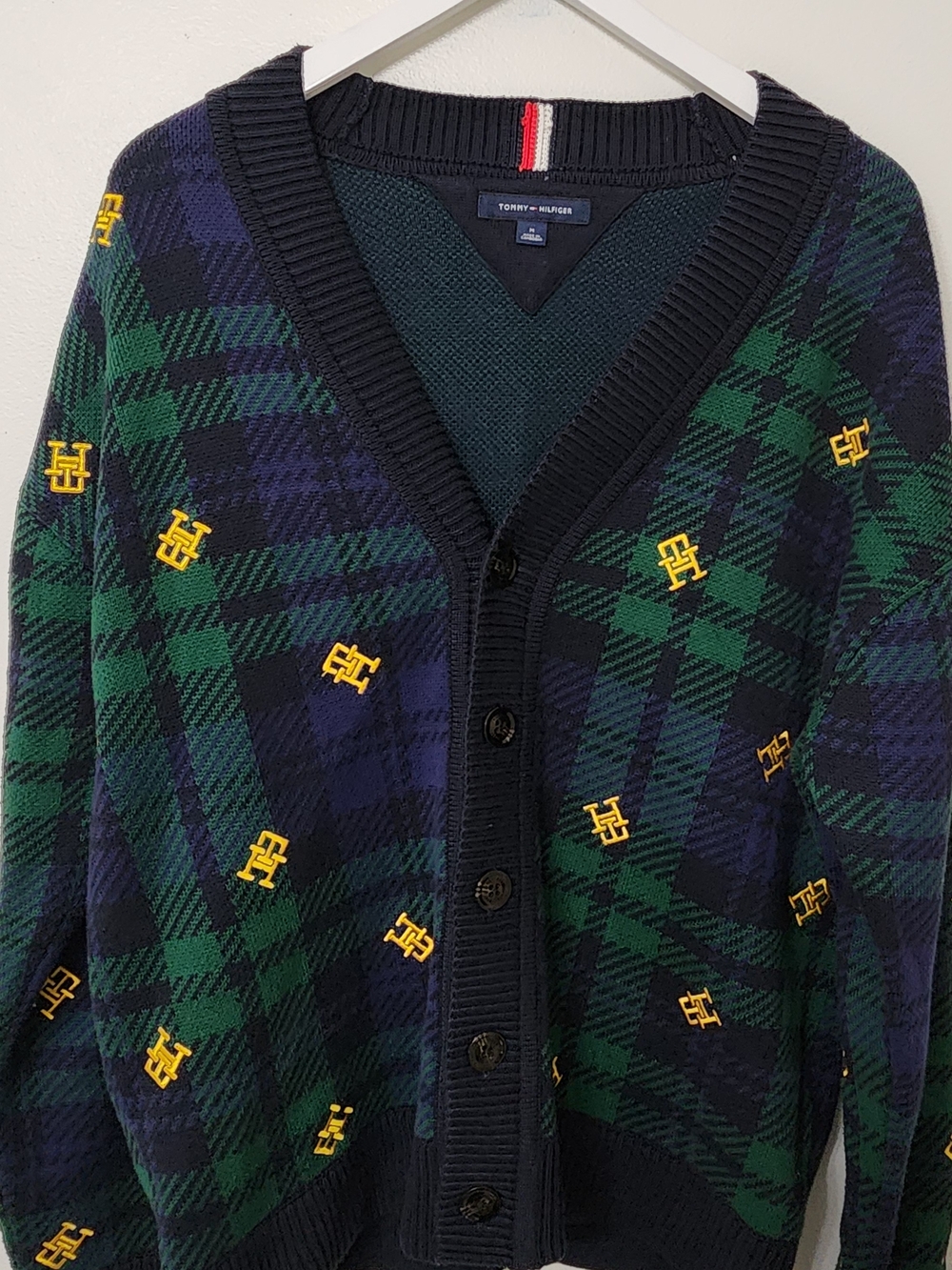 Tommy Hilfiger Men's Green & Navy Plaid Cardigan Sweater Size M